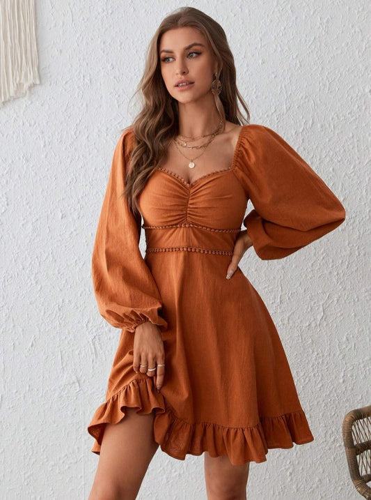 Vestido de Festa Boho Curto de Manga longa princesa acinturado terracota