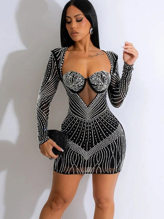 Vestido de Festa Curto Cristal Manga Longa preto paetês