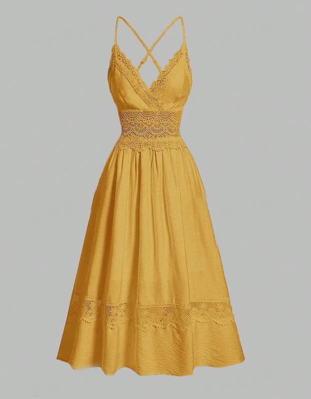 Vestido de Festa Midi com Renda de Verão Alcinha elegante casual amarelo mostarda viscose