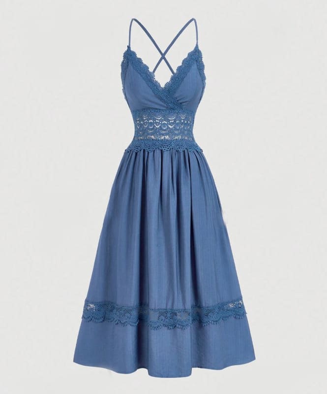 Vestido de Festa Midi com Renda de Verão Alcinha elegante casual azul viscose