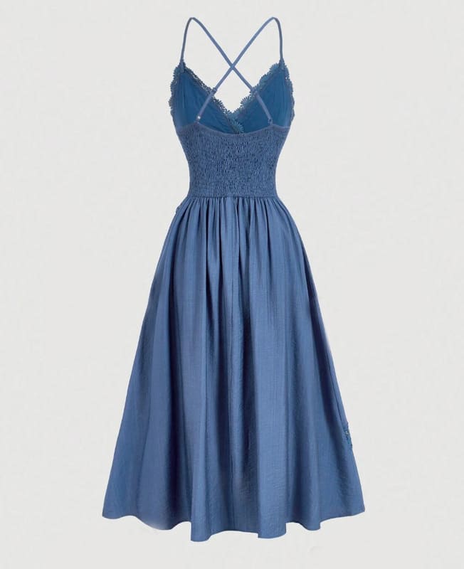 Vestido de Festa Midi com Renda de Verão Alcinha elegante casual azul 
viscose