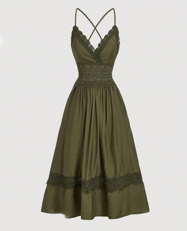 Vestido de Festa Midi com Renda de Verão Alcinha elegante casual verde musgo militar viscose
