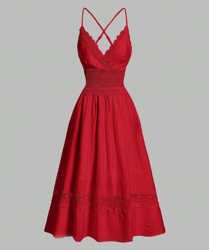 Vestido de Festa Midi com Renda de Verão Alcinha elegante casual vermelho viscose