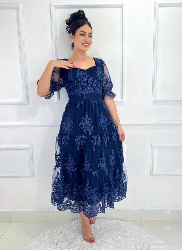 Vestido de Festa renda Bordado Midi Boho Manga curta Transparencias formatura casamento marinho