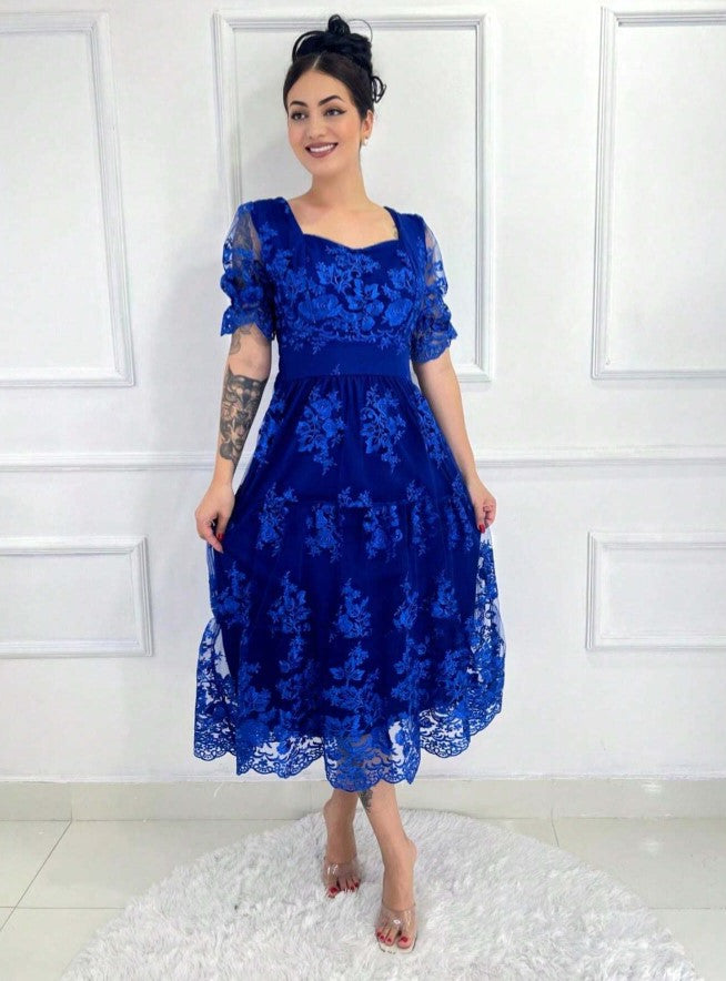 Vestido de Festa renda Bordado Midi Boho Manga curta Transparencias formatura casamento azul