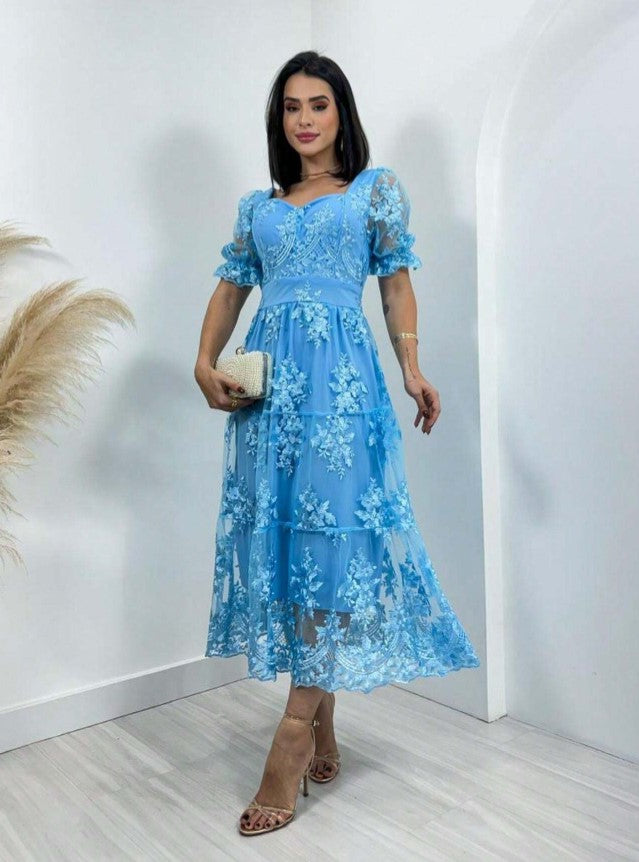 Vestido de Festa renda Bordado Midi Boho Manga curta Transparencias formatura casamento azul claro
