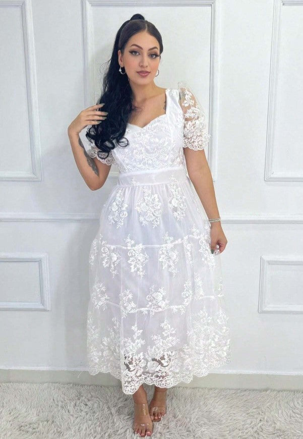 Vestido de Festa renda Bordado Midi Boho Manga curta Transparencias formatura casamento branco noiva