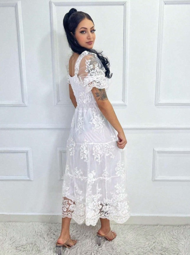 Vestido de Festa renda Bordado Midi Boho Manga curta Transparencias formatura casamento branco noiva
