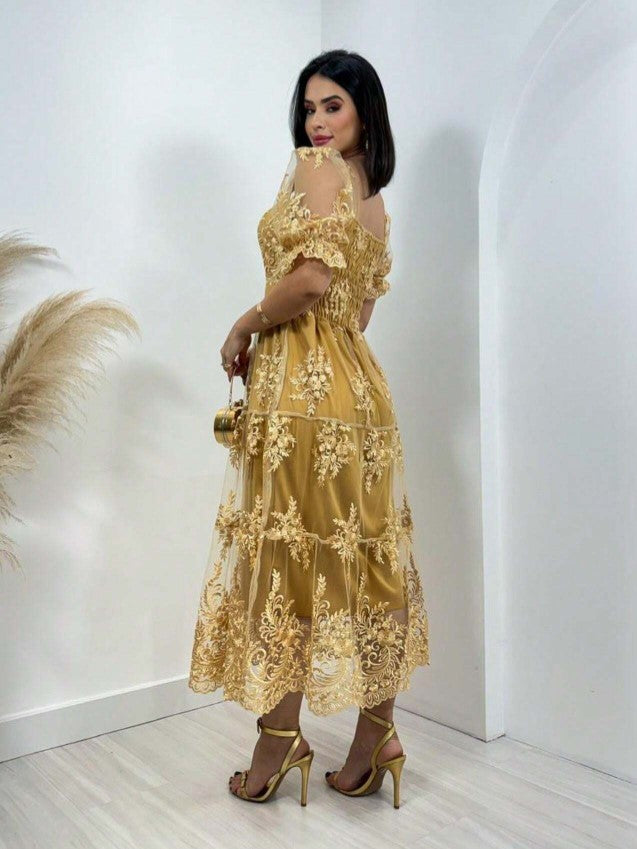 Vestido de Festa renda Bordado Midi Boho Manga curta Transparencias formatura casamento rosa pink barbiecore dourado