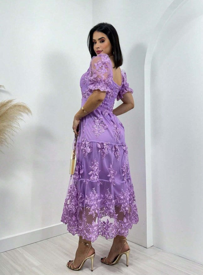 Vestido de Festa renda Bordado Midi Boho Manga curta Transparencias formatura casamento lavanda lilás