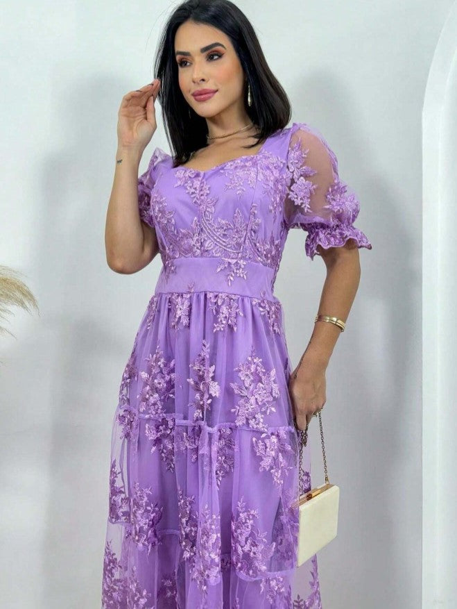 Vestido de Festa renda Bordado Midi Boho Manga curta Transparencias formatura casamento lilás lavanda
