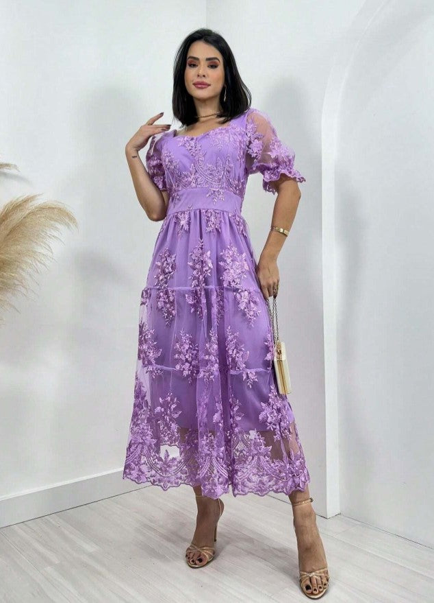 Vestido de Festa renda Bordado Midi Boho Manga curta Transparencias formatura casamento lilás lavanda