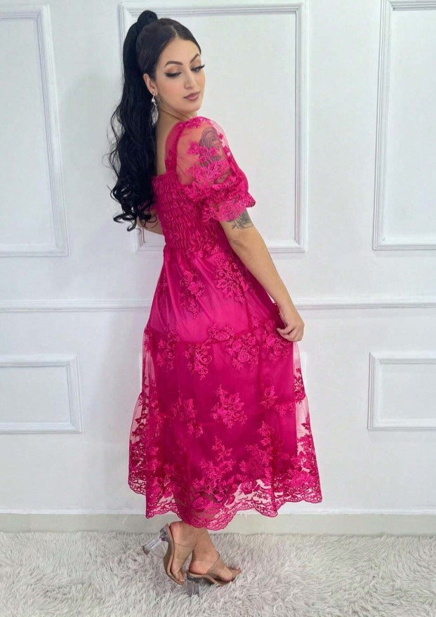 Vestido de Festa renda Bordado Midi Boho Manga curta Transparencias formatura casamento rosa pink barbiecore