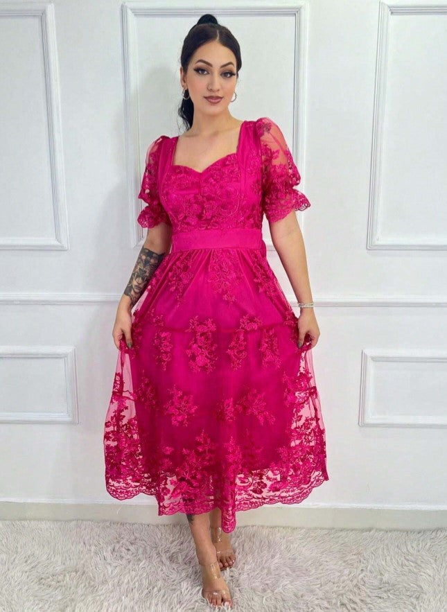 Vestido de Festa renda Bordado Midi Boho Manga curta Transparencias formatura casamento rosa pink barbiecore