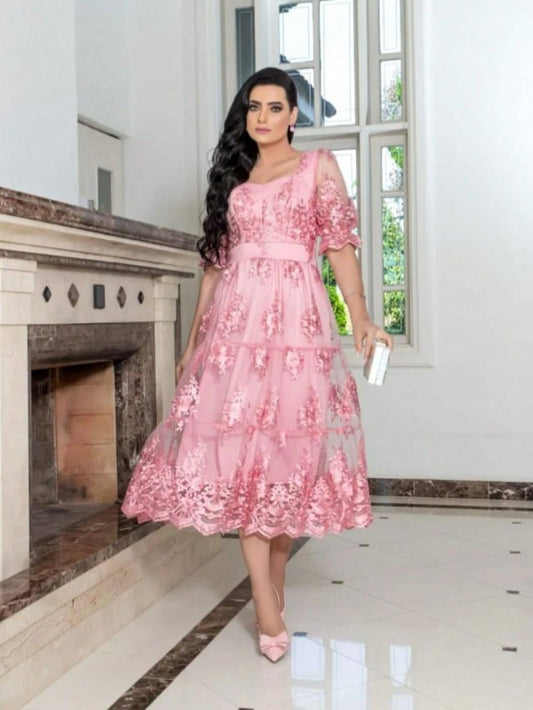 Vestido de Festa renda Bordado Midi Boho Manga curta Transparencias rosê formatura casamento