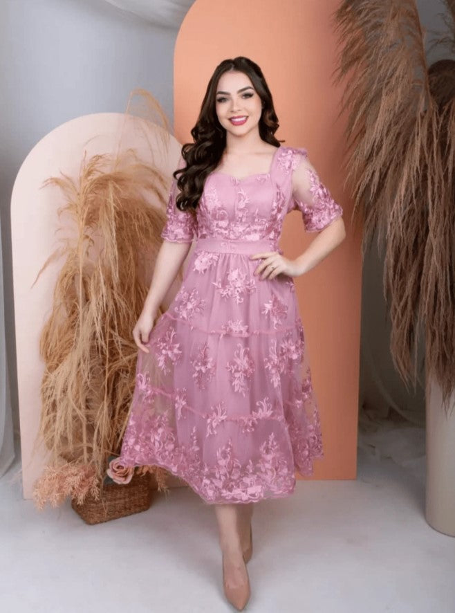 Vestido de Festa renda Bordado Midi Boho Manga curta Transparencias rosê formatura casamento