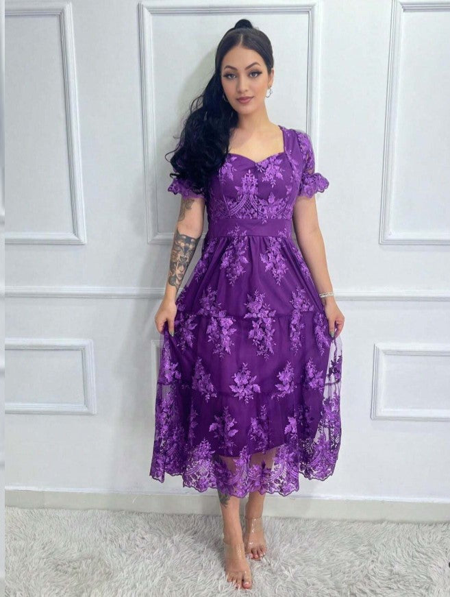 Vestido de Festa renda Bordado Midi Boho Manga curta Transparencias formatura casamento roxo