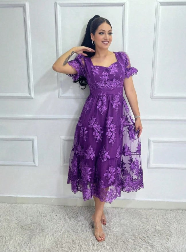 Vestido de Festa renda Bordado Midi Boho Manga curta Transparencias formatura casamento roxo violeta