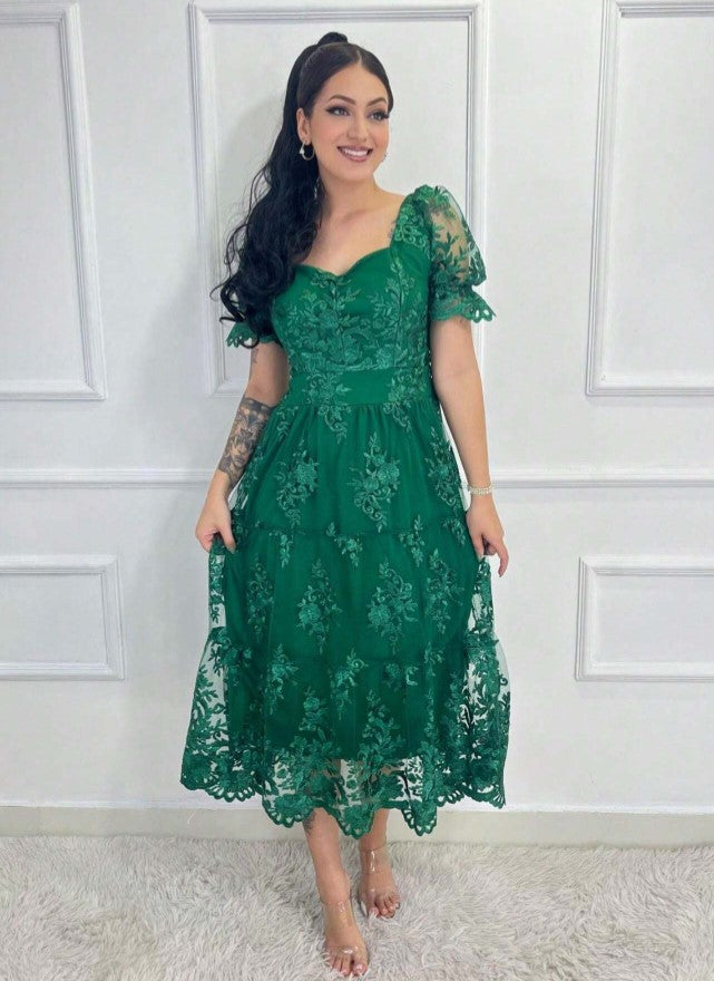 Vestido de Festa renda Bordado Midi Boho Manga curta Transparencias formatura casamento verde