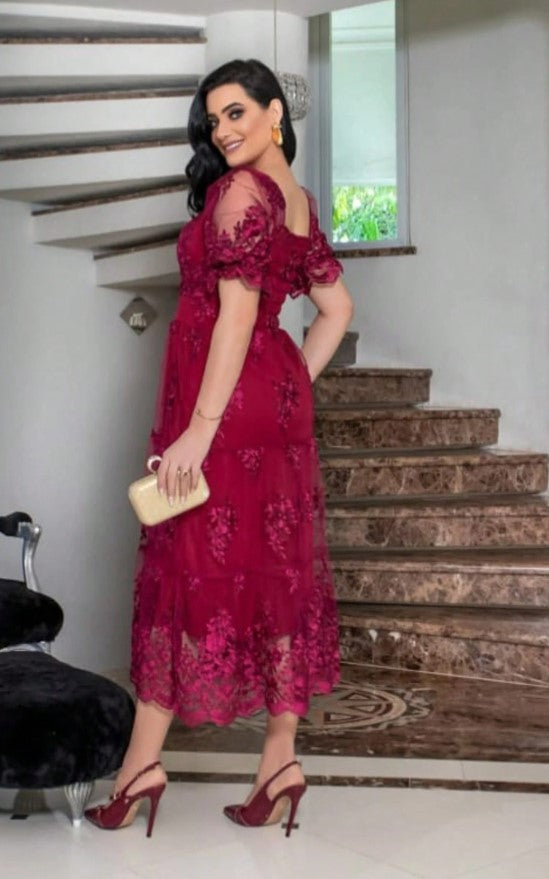 Vestido de Festa renda Bordado Midi Boho Manga curta Transparencias formatura casamento vinho