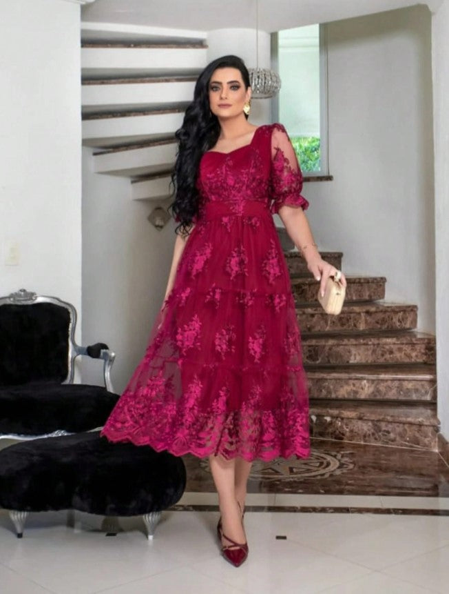 Vestido de Festa renda Bordado Midi Boho Manga curta Transparencias formatura casamento vinho bordÔ