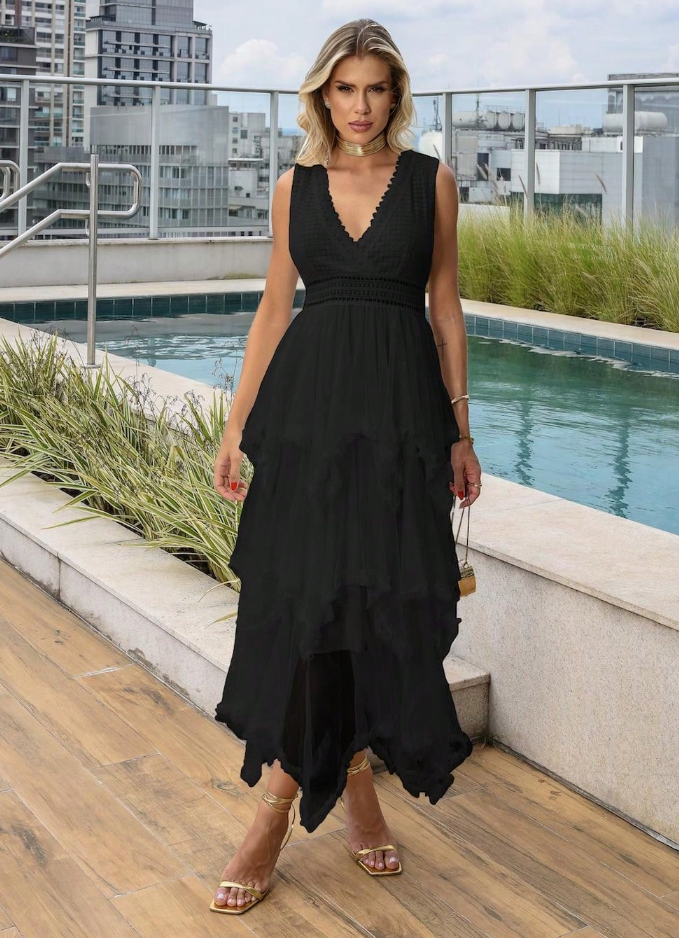 Vestido de Festa Longo Camadas Tule c/Renda