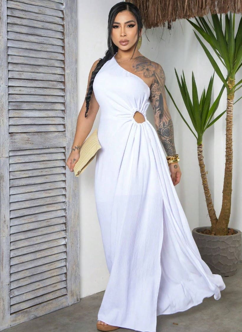 Vestido Longo de Festa Recorte e Fenda casamento formatura madrinha um ombro branco noiva