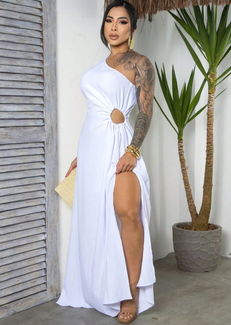 Vestido Longo de Festa Recorte e Fenda casamento formatura madrinha um ombro branco