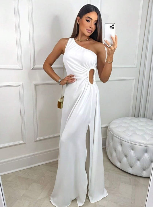 Vestido Longo de Festa Recorte e Fenda casamento formatura madrinha um ombro branco