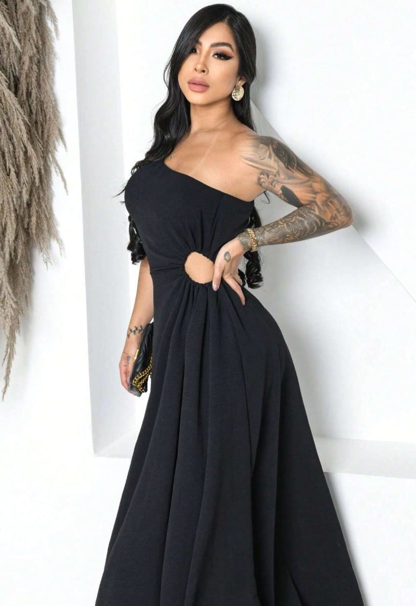 Vestido Longo de Festa Recorte e Fenda casamento formatura madrinha um ombro preto