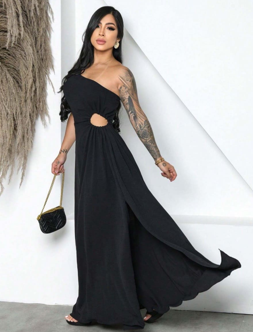 Vestido Longo de Festa Recorte e Fenda casamento formatura madrinha um ombro preto