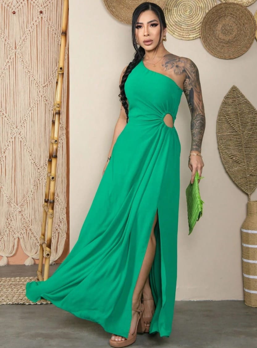 Vestido Longo de Festa Recorte e Fenda casamento formatura madrinha um ombro verde