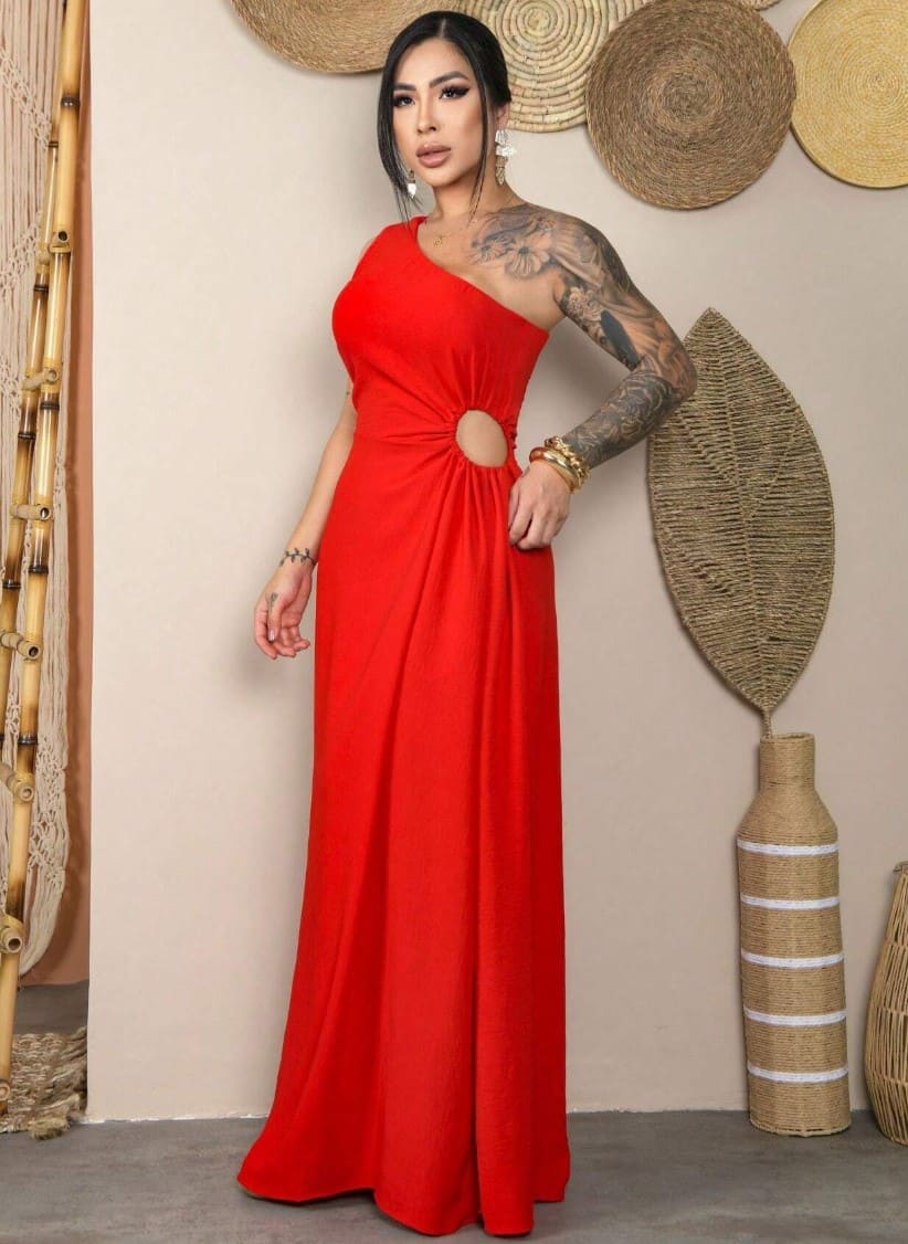 Vestido Longo de Festa Recorte e Fenda casamento formatura madrinha um ombro vermelho
