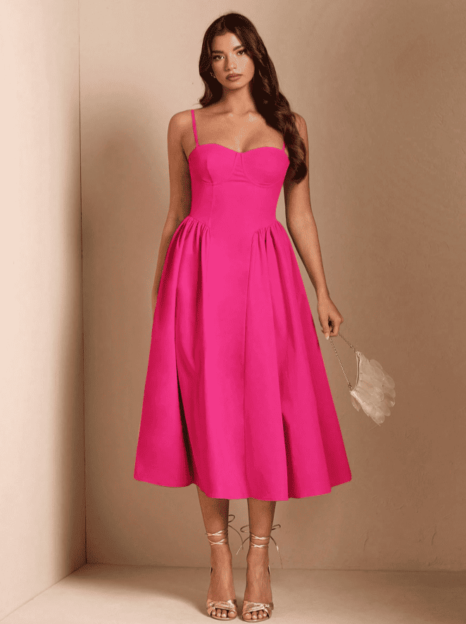 Vestido de Festa Midi Alcinha Vintage retrô cintado decotado rosa barbiecore  madrinha