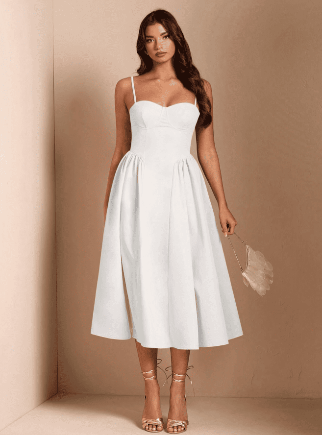 Vestido de Festa Midi Alcinha Vintage retrô cintado decotado branco noiva casamento civil
