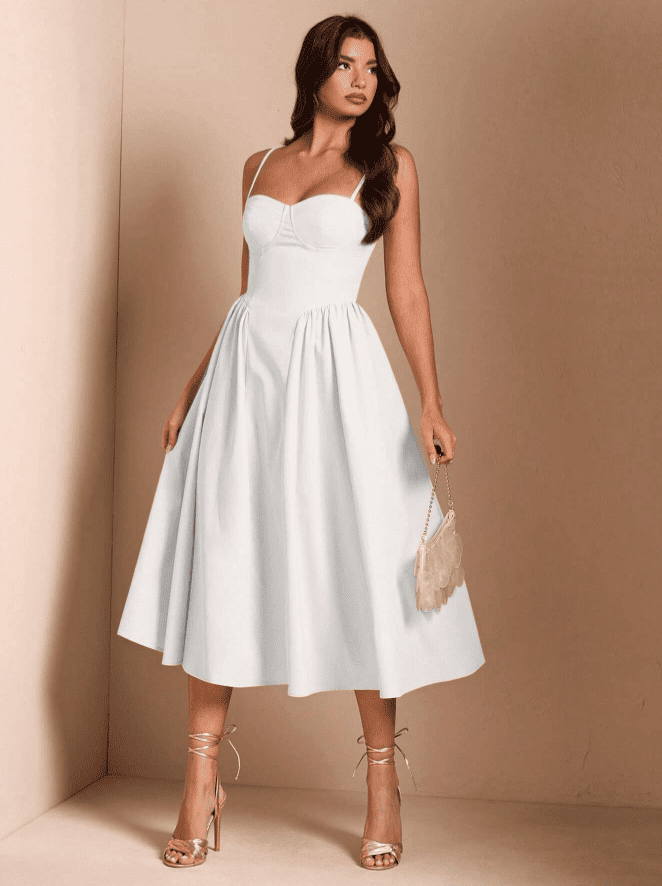 Vestido de Festa Midi Alcinha Vintage retrô cintado decotado branco noiva casamento civil