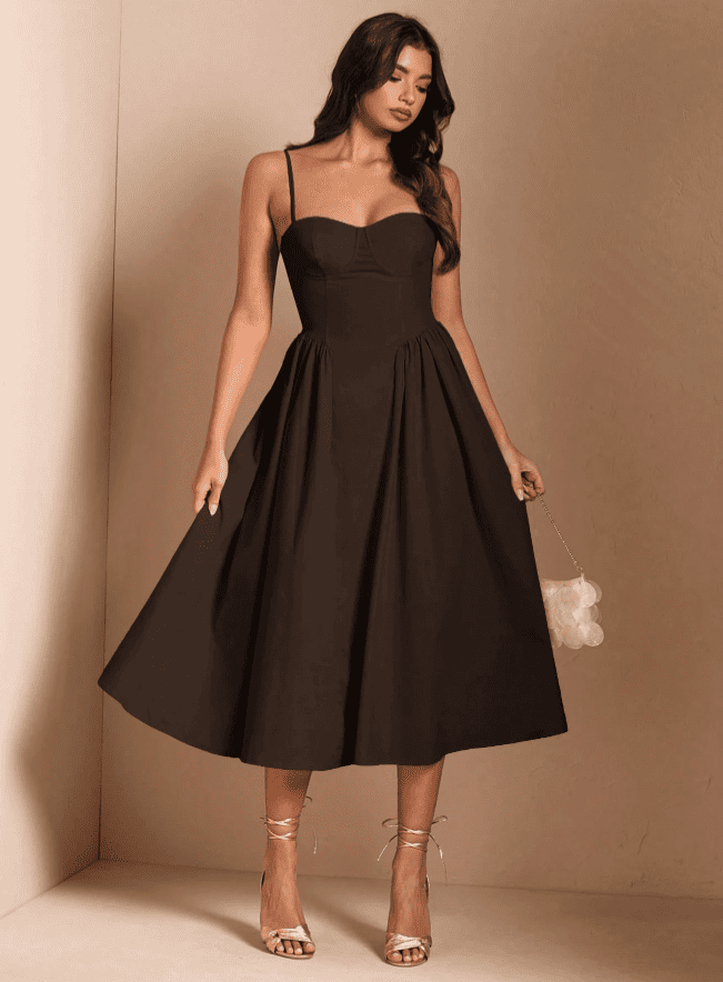 Vestido de Festa Midi Alcinha Vintage retrô cintado decotado marrom café