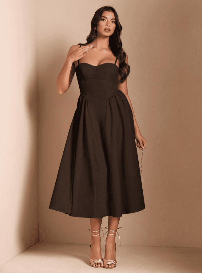 Vestido de Festa Midi Alcinha Vintage retrô cintado decotado marrom café