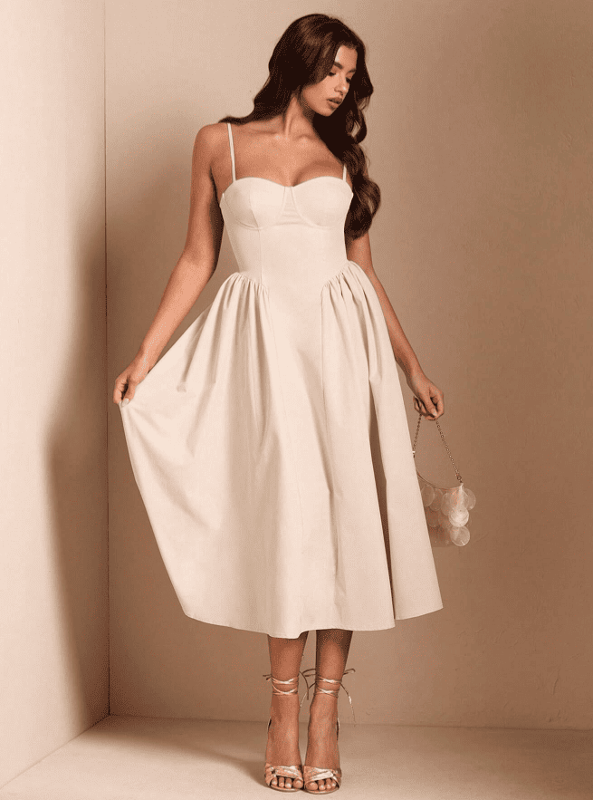 Vestido de Festa Midi Alcinha Vintage retrô cintado decotado off white creme