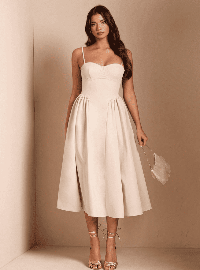 Vestido de Festa Midi Alcinha Vintage retrô cintado decotado creme off white