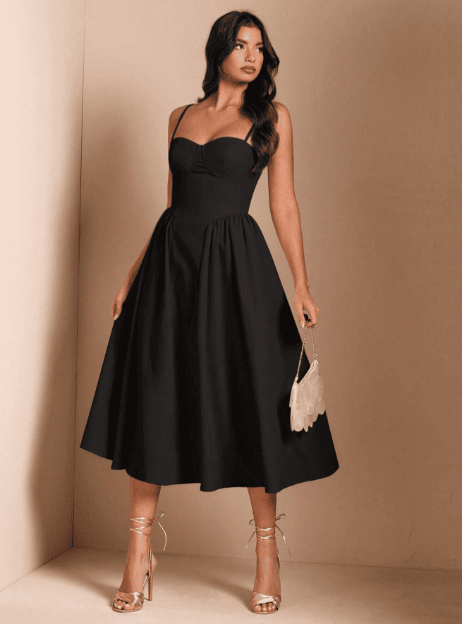 Vestido de Festa Midi Alcinha Vintage retrô cintado decotado preto formatura