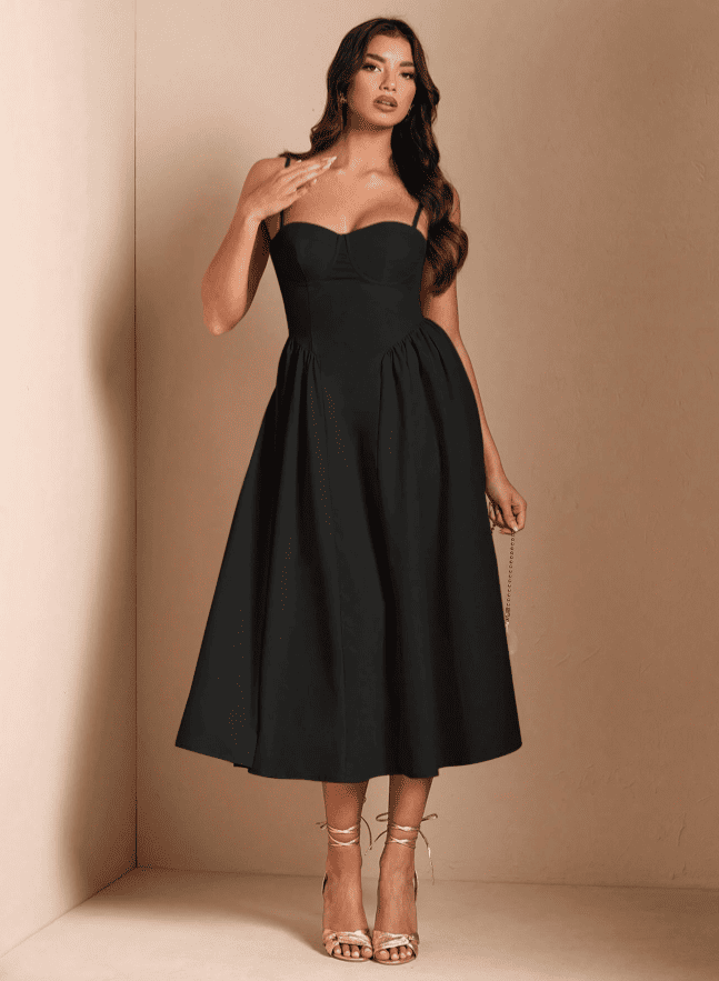 Vestido de Festa Midi Alcinha Vintage retrô cintado decotado preto formatura