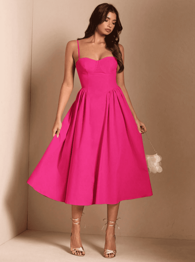 Vestido de Festa Midi Alcinha Vintage retrô cintado decotado rosa barbiecore  madrinha