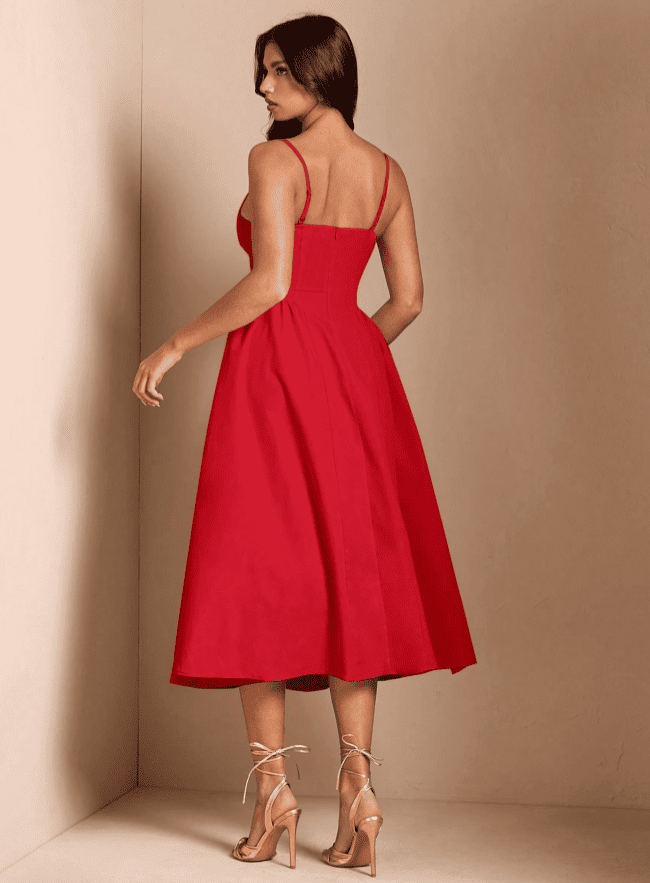 Vestido de Festa Midi Alcinha Vintage retrô cintado decotado vermelho  madrinha formatura