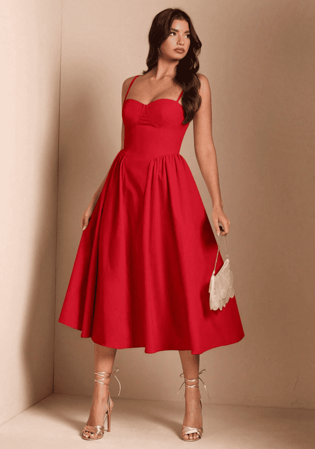 Vestido de Festa Midi Alcinha Vintage retrô cintado decotado vermelho  madrinha formatura