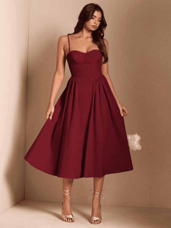 Vestido de Festa Midi Alcinha Vintage retrô cintado decotado bordô VINHO marsala madrinha casamento