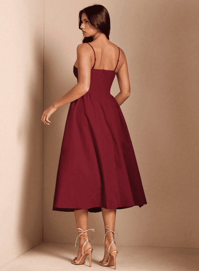Vestido de Festa Midi Alcinha Vintage retrô cintado decotado bordô VINHO marsala