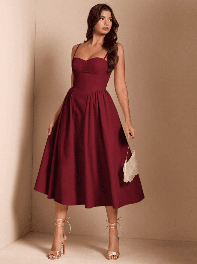 Vestido de Festa Midi Alcinha Vintage retrô cintado decotado bordô VINHO marsala madrinha