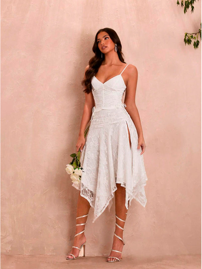 Vestido de Festa Renda c detalhes Amarrações acinturado alcinha fendas sexy Midi ensaio pré-wedding casamento branco