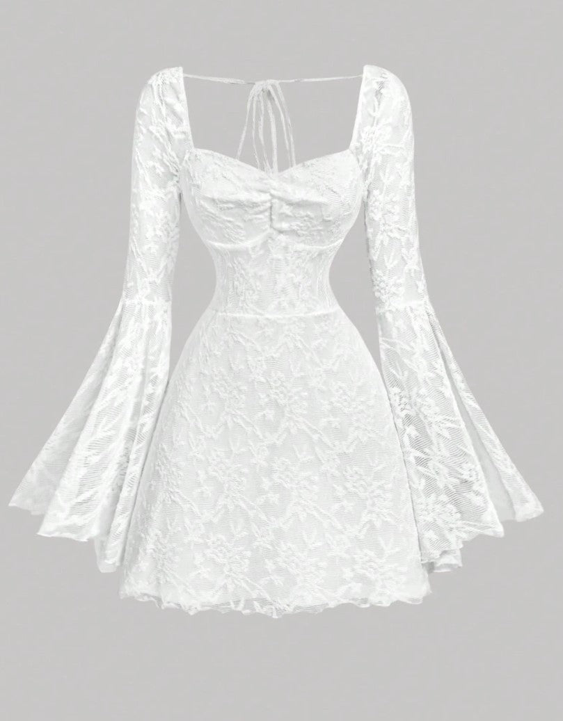 Vestido de Festa curto de Renda Decote Coração Princesa manga flare branco noiva ensaio